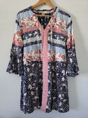 Boho Floral Patchwork Tunic Dress in Pink & Navy